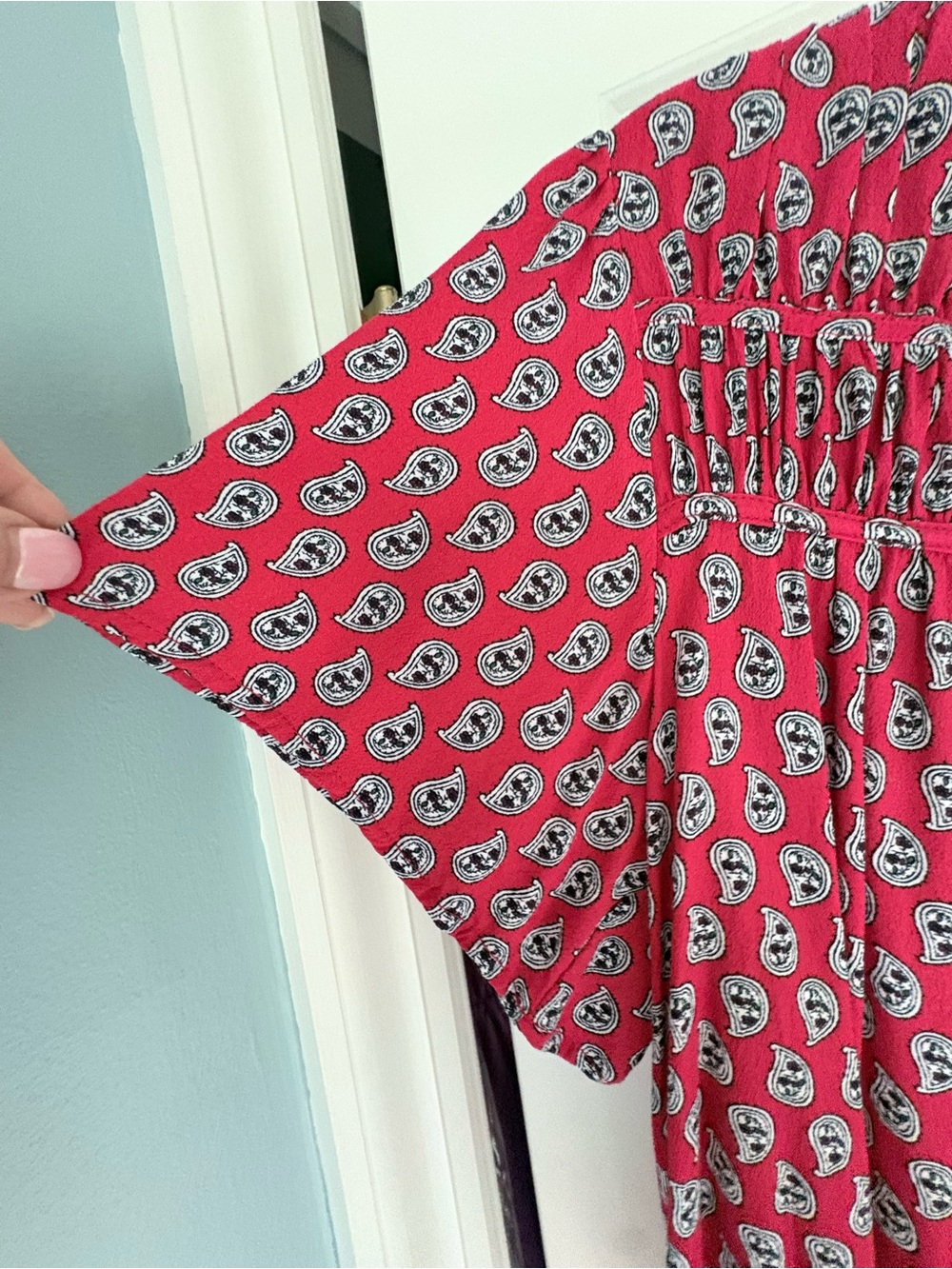 LOFT Red and Blue Paisley Short-Sleeve Smocked Yoke Blouse - Picture 4 of 6
